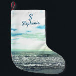 Beach Artistic Ocean Sea Blue Monogram Initial Liten Julstrumpa<br><div class="desc">Designad med konstnärligt foto av strandbakgrund med textmallar för inledande monogram och namn!</div>