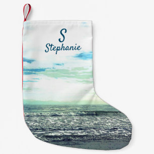 Beach Artistic Ocean Sea Blue Monogram Initial Liten Julstrumpa