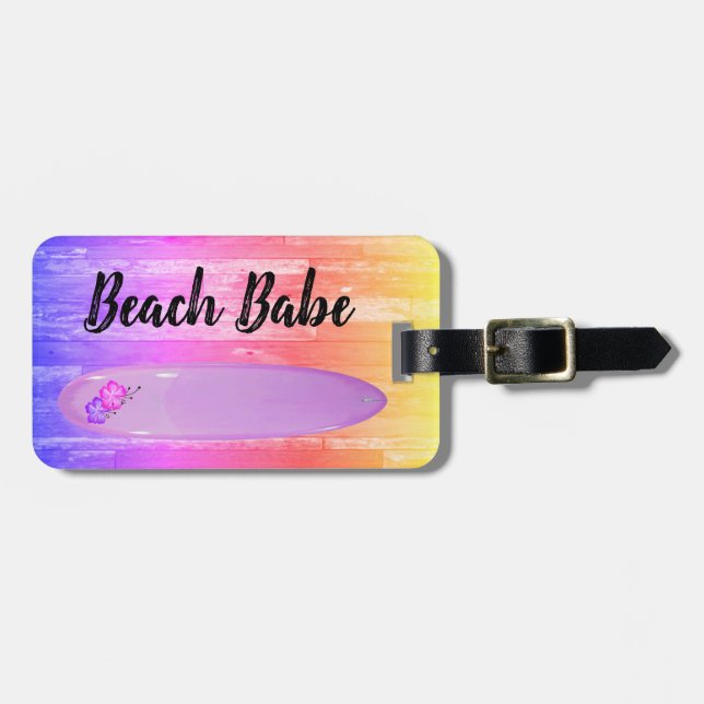 ’Beach Babe’, hibiscus surfboard design Bagagebricka (Horisontell Framsida)
