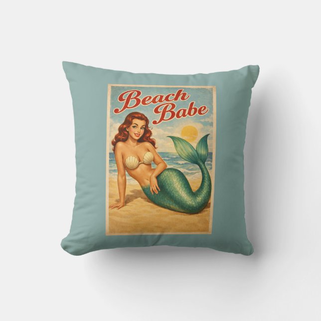 Beach Babe Pin-Up Mermaid Retro Coastal Life Blue Kudde (Framsida)