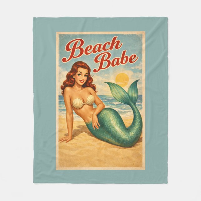 Beach Babe Pin-Up Mermaid -Retro Coastal Life Teal Fleecefilt (Framsidan)