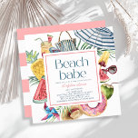 Beach Babe Tropical Umbrella Donut Baby Shower Inbjudningar<br><div class="desc">This cute "beach babe" baby shower invitation features a white background with a beach umbrella, flip flops, tropical mason-jar drink/cocktail, popsicle, watermelon, donut, pineapple, straw hat, fresh coconut drink, pinwheel and sunglasses. The reverse side features a white background with pink stripes. Personalize it for your needs. You can find more...</div>