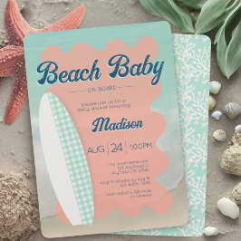 Beach Baby ombord Coral Mint Gingham Baby Shower Inbjudningar