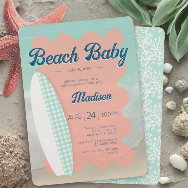 Beach Baby ombord Coral Mint Gingham Baby Shower Inbjudningar (Skapare uppladdad)