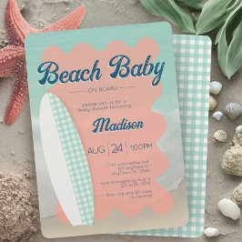 Beach Baby ombord Coral Mint Gingham Baby Shower Inbjudningar