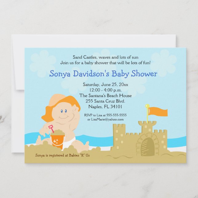 Beach Baby Sand Castle Orange Baby Shower 5x7 Inbjudningar (Framsida)