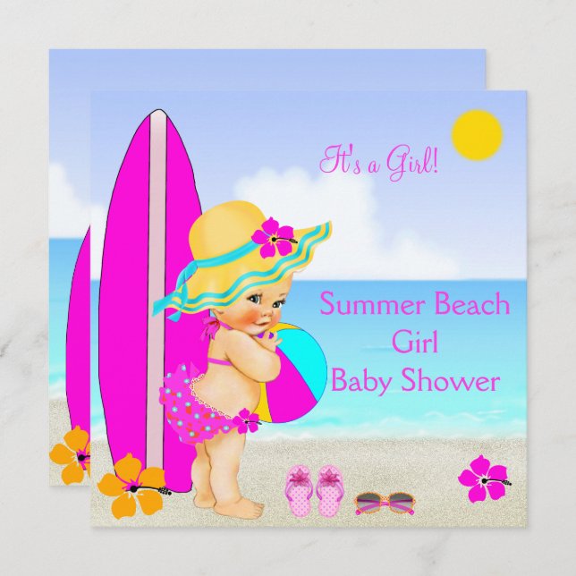 Beach Baby Shower Girl Rosa Teal Blue Sunhat Inbjudningar (Fram/baksida)