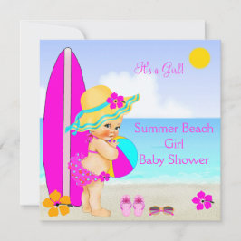 Beach Baby Shower Girl Rosa Teal Blue Sunhat Inbjudningar