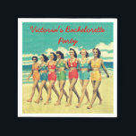 Beach Bachelorette Party party cocktail napkins Pappersservett<br><div class="desc">Om man tar ett foto från en vintage med texturerad bakgrund och ombearbetar,  är fantastisk Bachelorette Helg party kubikblöjor perfekt för den där bockens destination party för flickorna! Har en rad vackra flickor arm i arm,  i färgfulla baddräkter i vintage som rullar ner stranden</div>