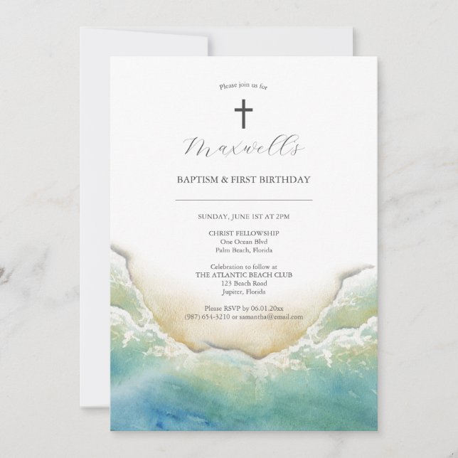 Beach Baptism och inbjudan till första födelsedag (Framsida)