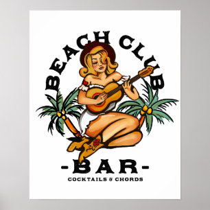 Beach Bar Affisch. Retro Sailor Jerry Gitarr Pinup Poster