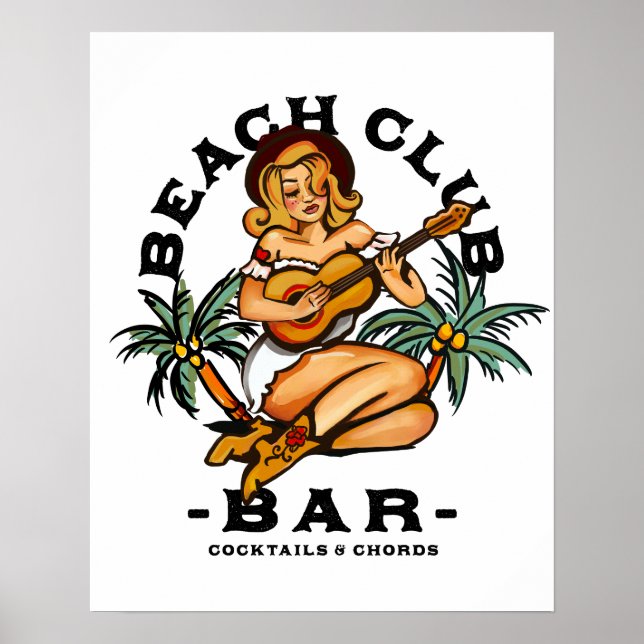 Beach Bar Affisch. Retro Sailor Jerry Gitarr Pinup Poster (Framsidan)