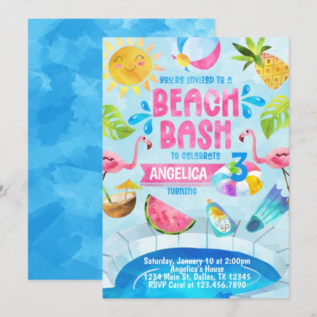Beach Bash Bassäng Party födelsedag Inbjudan (Fram/baksida)