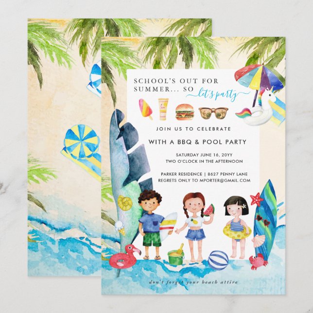 Beach Bash | Skolor ut sommaren Party Inbjudningar (Fram/baksida)