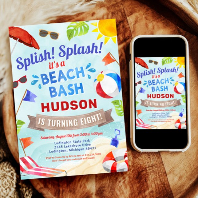 Beach Bash Summer Boy Födelsedagsfest Inbjudningar (Beach Bash Summer Boy Birthday Party Invitation)