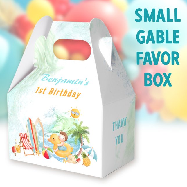 Beach Bassäng Party Sommar 1:a födelsedagelagaren Presentaskar (Beach boy Small Gable Favor Boxes - You can choose from 3 sizes of these gable favor boxes)