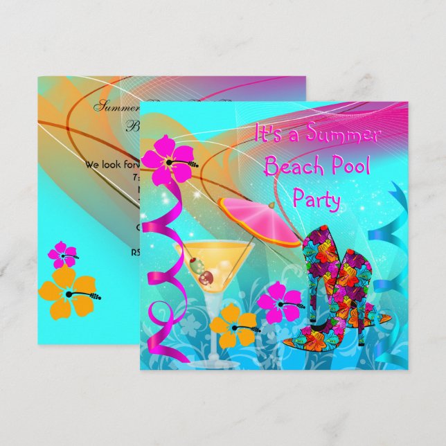 Beach Bassäng Party Sommar-Shock rosa Teal Inbjudningar (Fram/baksida)