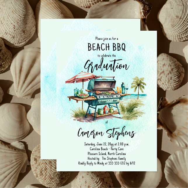 Beach BBQ Grill studenten Firande Inbjudningar ("Beach BBQ" Grill Graduation Party Invitation for Print and/or Digital Download)