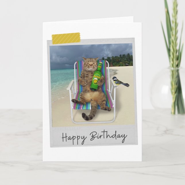 Beach Beer Cat Funny Birthday Card Kort (Framsida)
