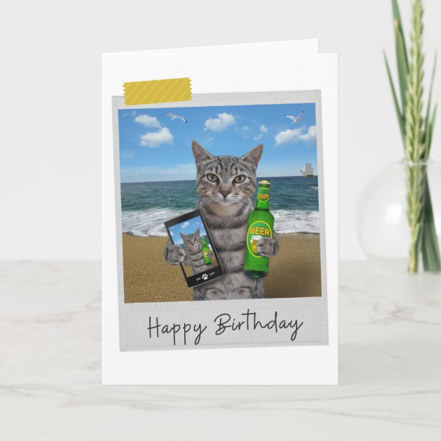 Beach Beer Tabby katt Funny Birthday Card Kort (Framsida)