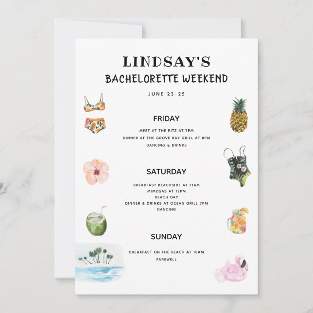 Beach Bikini Bachelorette Itinerary Inbjudningar (Framsida)