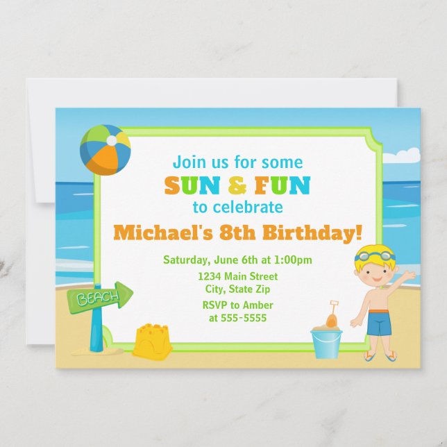 Beach Birthday Beach Party Boy Inbjudningar (Framsida)