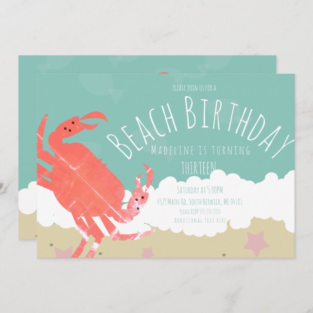 Beach Birthday Crab Sand Ocean Vinkar-inbjudan Inbjudningar (Fram/baksida)