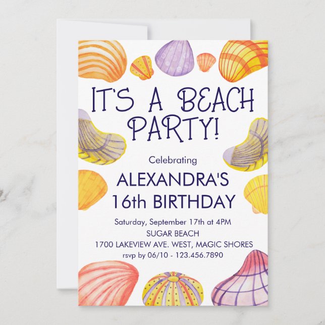 Beach Birthday-inbjudan med Watercolor-Snäckor Inbjudningar (Framsida)