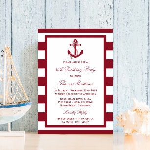 Beach Birthday Nautisk Anchor Red Rand Inbjudningar