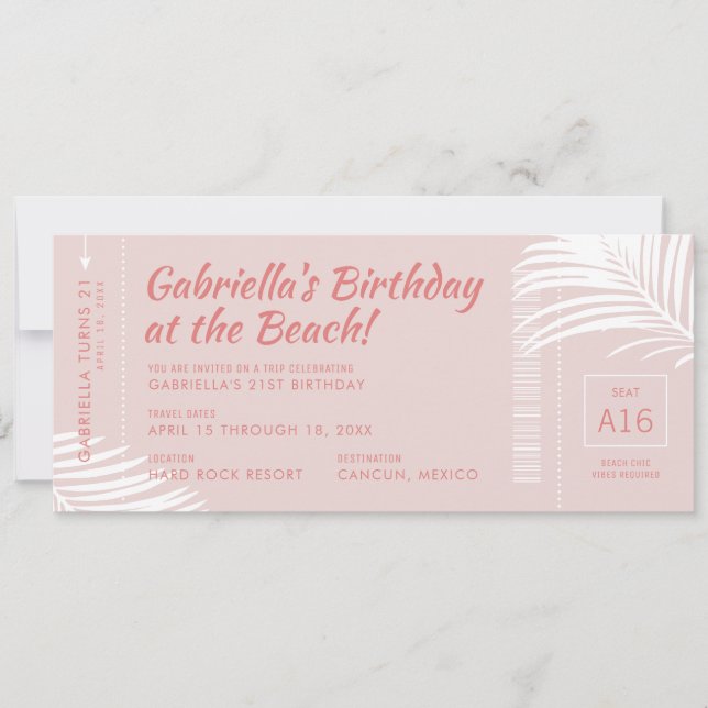 Beach Birthday Resa Biljett Boarding Pass Rosa Inbjudningar (Framsida)
