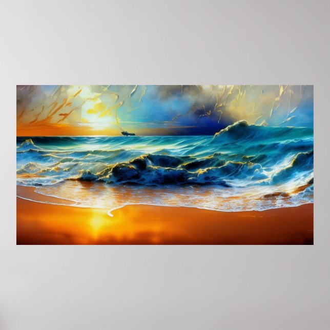 Beach blåblått guld-havet himlar - vacker modern m poster (Framsidan)