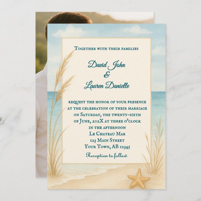 Beach Bliss Photo Wedding Invitation Inbjudningar (Fram/baksida)