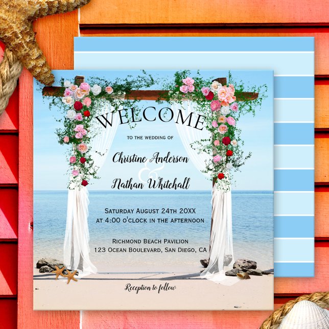 Beach Blommigt Arbour bröllop - inbjudan (A romantic wedding invitation featuring an arch with veils and roses on the beach)
