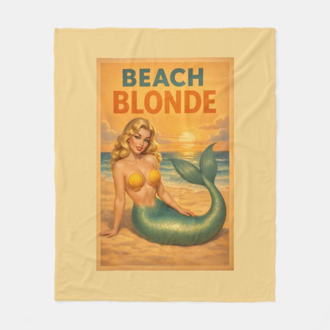 Beach Blonde Pin-Up Mermaid - Yellow Retro Coastal Fleecefilt (Framsidan)