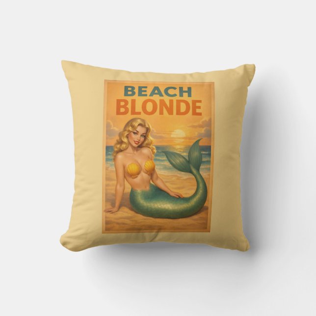 Beach Blonde Pin-Up Mermaid - Yellow Retro Coastal Kudde (Framsida)