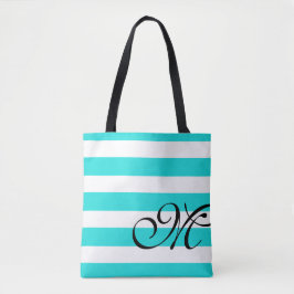 Beach Blue Aqua & White Rand Monogram Tote Bag Tygkasse