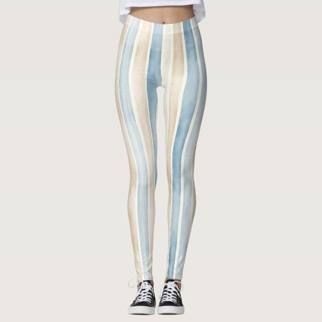 Beach Blue Cream Stripes Leggings (Framsida)