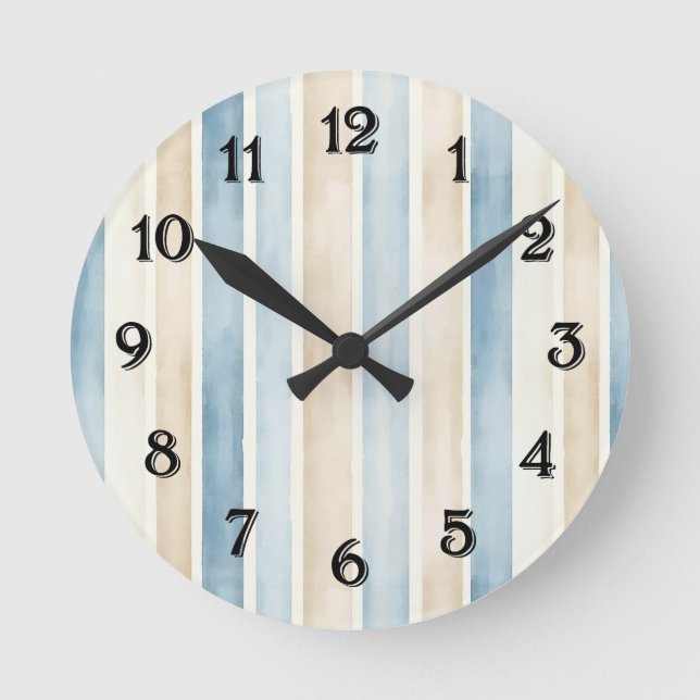Beach Blue Cream Stripes   Rund Klocka (Framsida)
