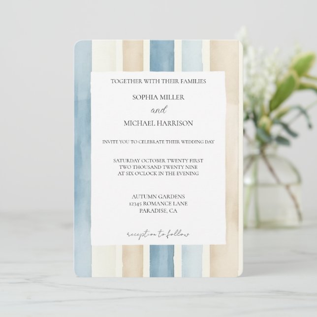 Beach Blue Ivory Cream Sand Stripes Wedding Inbjudningar (Stående Fram)