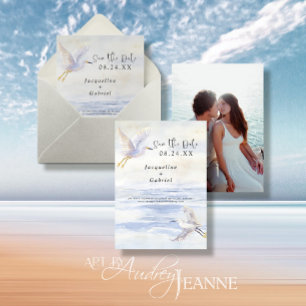 Beach Blue Ocean Watercolor White Cranes Seashore Spara Datumet