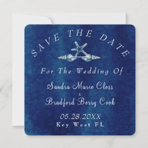 Beach Blue Seashell Navy Blue Watercolor Bröllop Spara Datumet