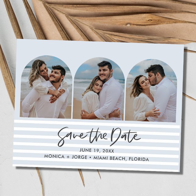 Beach Blue Three Arch Photo Bröllop spara datum Meddelande Vykort (Beach Blue Three Arch Photo Wedding Save the Date  Postcard)