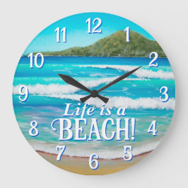 Beach Blue Vågar Painting Typography Stor Klocka
