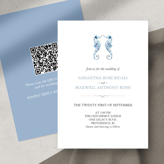 Beach Blue Wedding-inbjudan med QR-kod Inbjudningar (beach wedding dusty blue watercolor seahorse QR code invitations unique art by Victoria Grigaliunas )