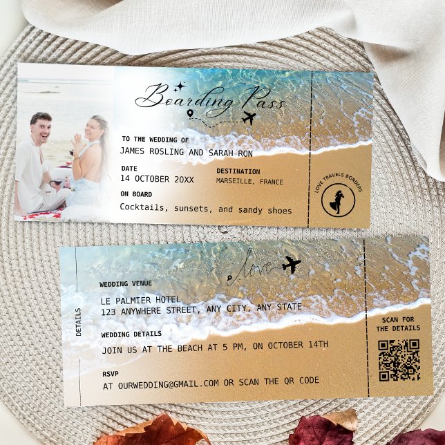Beach Boarding Pass Wedding Destination QR code In Inbjudningar (Skapare uppladdad)