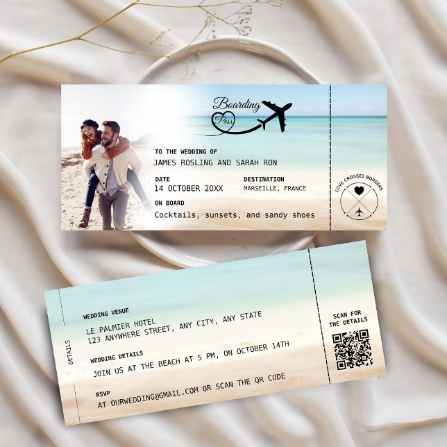 Beach Boarding Pass Wedding Invitation with QR Cod Inbjudningar (Skapare uppladdad)