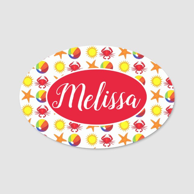 Beach Boardpromenad Sol Crab Beachball Starfish Namnbricka (Framsida)