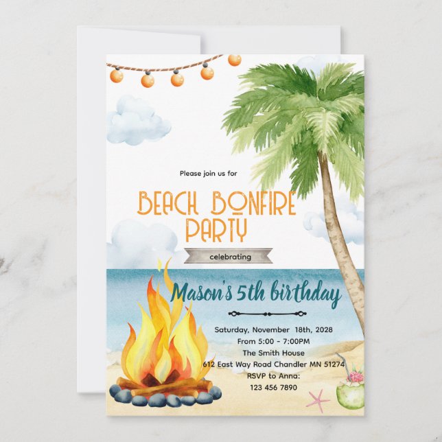 Beach bonfire party theme invitation inbjudningar (Framsida)