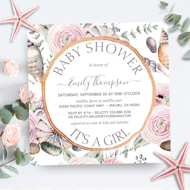 Beach Bouquet Seashell Ro Guld Girl Baby Shower Inbjudningar (Skapare uppladdad)