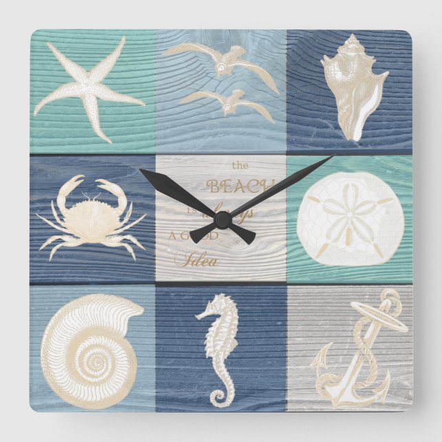 Beach Bra Idea Blue Aqua Old Wood Sea Clock Fyrkantig Klocka (Framsida)